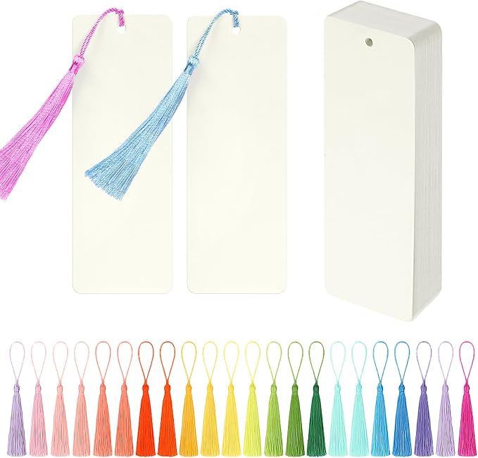 75 pcs Blank Bookmarks with Colorful Tassels – 350gsm Cardstock Bookmark Blanks by KaloTidy