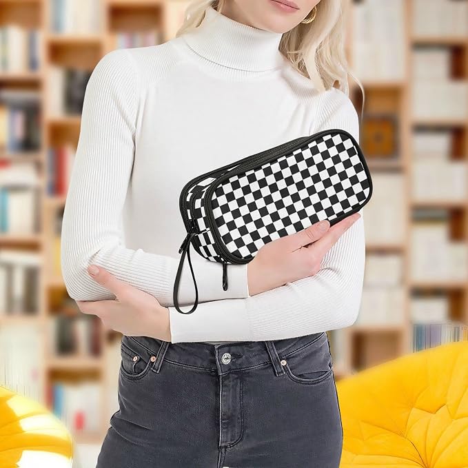 Black White Checkered Pencil Case Box Boys Girls Large Pencil Pouch Zipper - Image 7