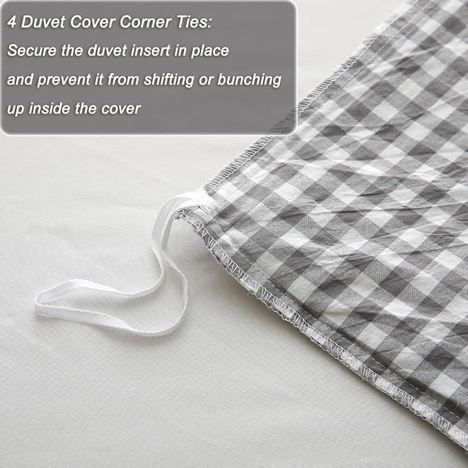 Silnuo Grey/White Checkered Ruffle 3-Piece Duvet Cover Set King Size, Washed - Image 7