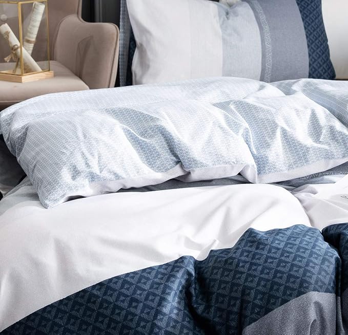 Duvet Cover Set, 600 Thread Count Cotton White and Navy Striped Patchwork - Image 3