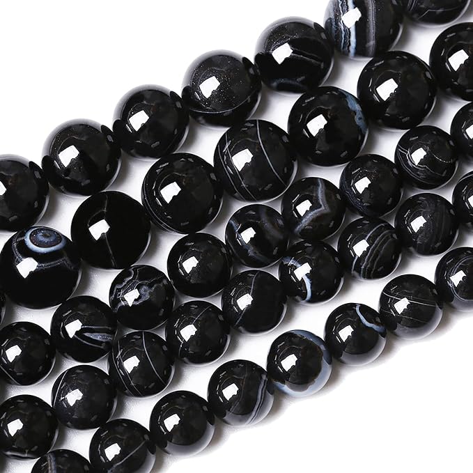 36PCS 10mm Natural Black Striped Agate Beads Gemstone Round Loose Beads by NaturalStoneBeads