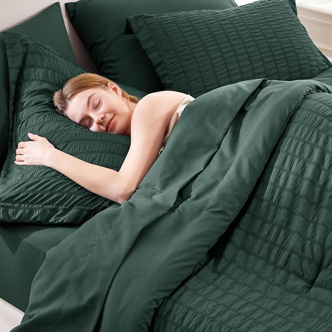 CozyLux King Size Comforter Set Forest Green Seersucker 7 Pieces Bed in a Bag - Image 5