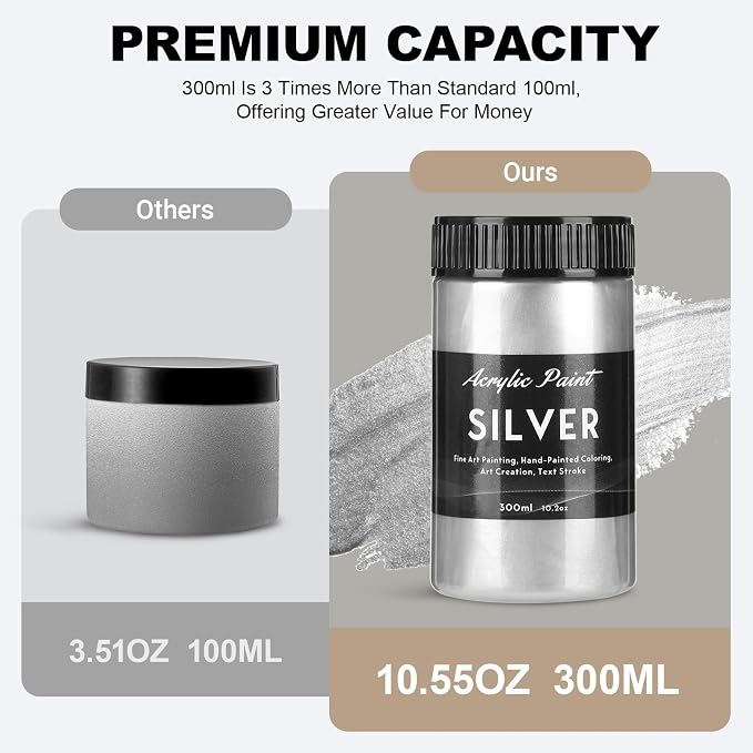 300ml Silver Metallic Acrylic Paint, Non Toxic Waterproof Silver Metallic - Image 3
