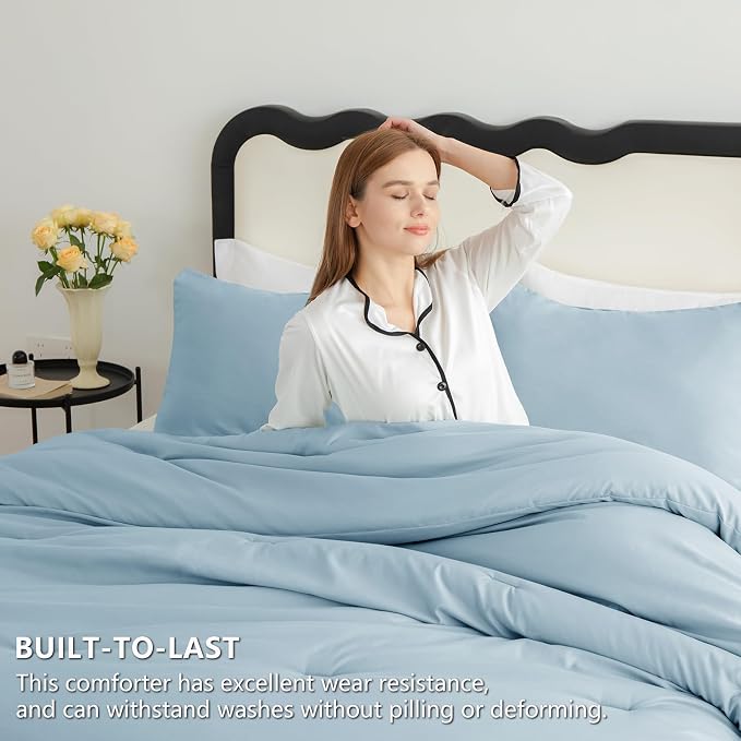 CozyLux Queen Comforter Set Light Blue, 3 Pieces Solid Comforters Queen Size - Image 3