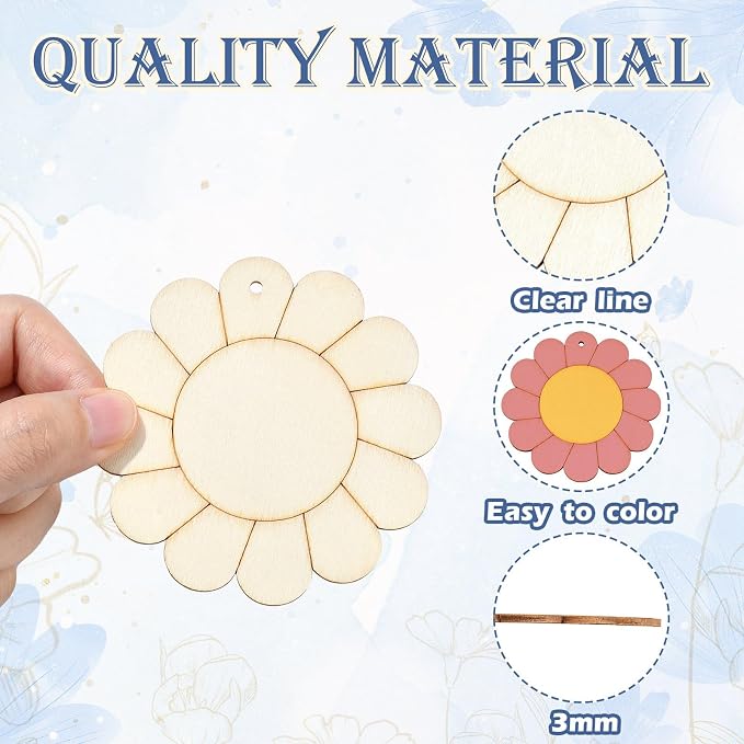 60 pcs 6 Styles Spring Flower Theme Undyed Wood Cutout Charms Sunflower Cherry - Image 3
