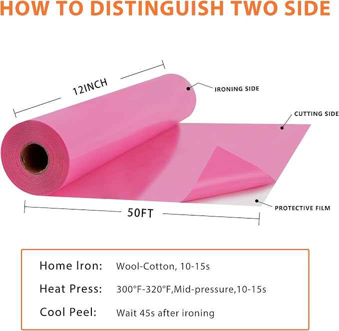 RENLITONG Pink Iron on Vinyl 12Inch by 50ft Roll Heat Transfer Vinyl - Image 3
