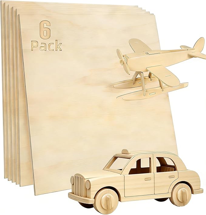 Basswood Plywood Sheets, 8 x 8 in, 3 mm, 6 Pack | Smooth unfinished wood by Unknown