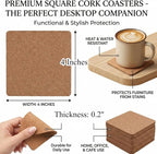 Tebery 30 Pack 4 Inch Square Cork Coasters, 0.2'' Thick Absorbent Drink Pads - Image 2
