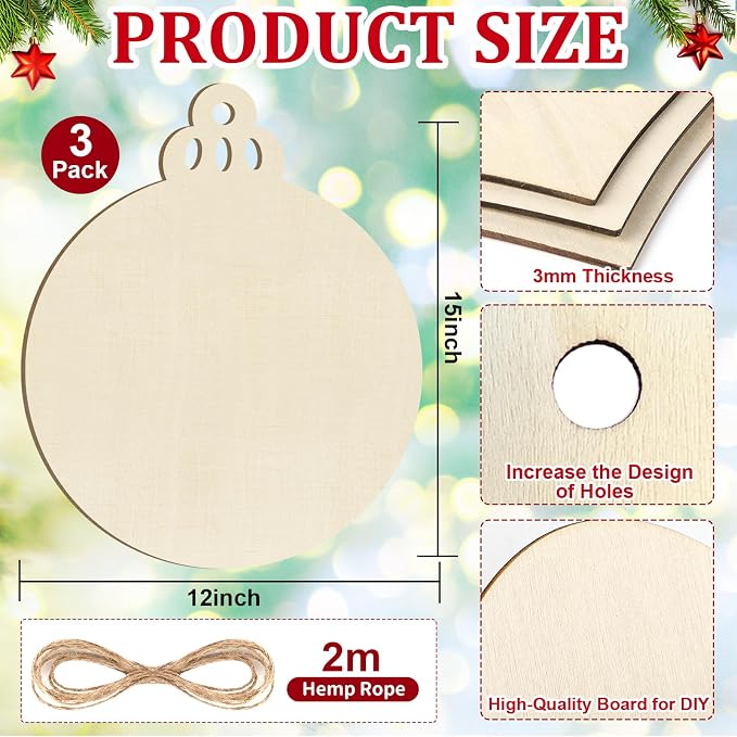 Large Size 12" Wooden Ball Ornaments to Paint, Wooden DIY Bell Blank Unfinished - Image 2