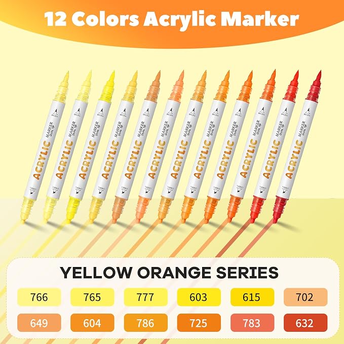 Yellow Orange Acrylic Paint Pens, Water Based 12 Colors Dual Tip Acrylic Paint - Image 2
