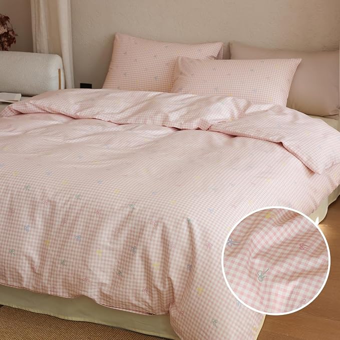 mixinni Gingham Duvet Cover Twin Size, 100% Cotton Light Pink and White Gingham - Image 3