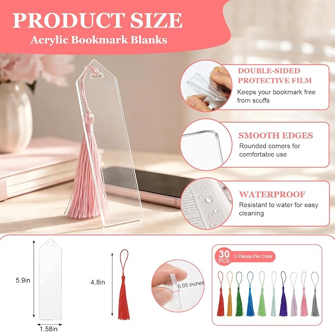 90Pcs Acrylic Bookmark Blanks Kit-30 Set Clear Acrylic Bookmarks 6" x 1.6" - Image 3