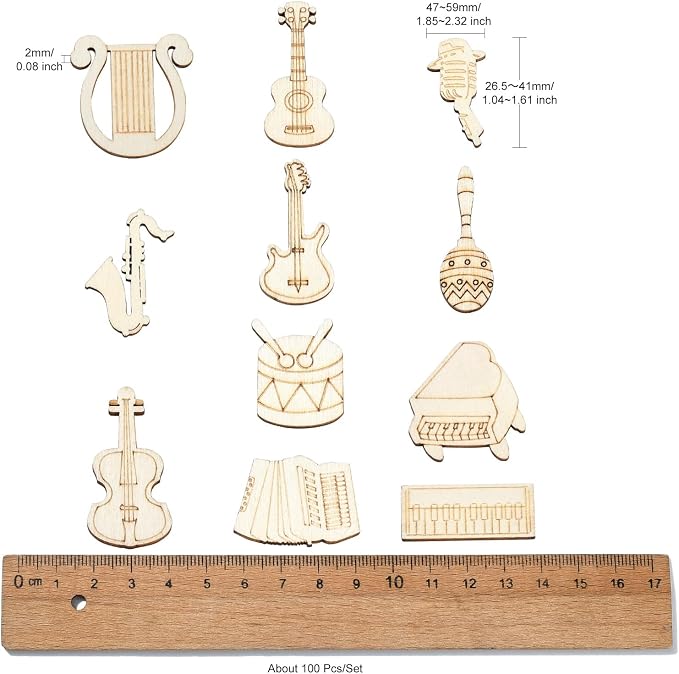200 pcs Mixed Styles Instrument Theme Unfinished Wood Cutout Charms Music - Image 2