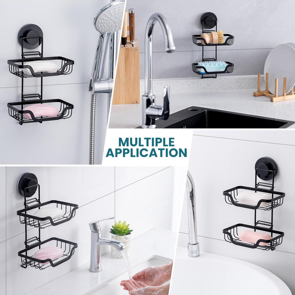 TAILI Double Layer Soap Dish Holder, Bar Soap Tray Suction Cup for Shower Wall, Draining for Bathroom, Rustproof Stainless Steel Sponge Holder for Tub, Kitchen, Drill-Free, Black