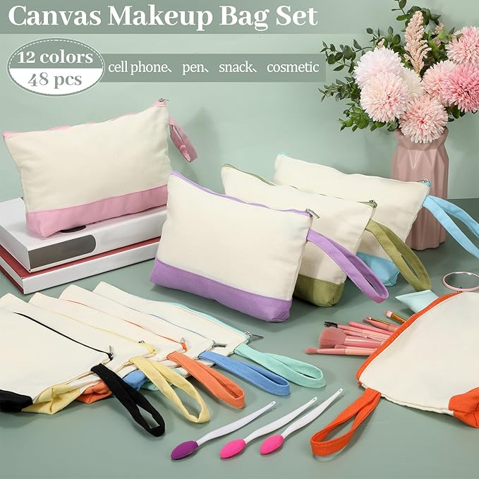 Silkfly 48 Pcs Cotton Canvas Makeup Bags Cosmetic Zipper Bags 10.2 x 5.5 x 2'' - Image 4