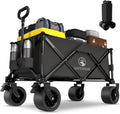 Collapsible Wagon Cart with Silent All-Terrain Wheels, Foldable Heavy Duty Beach Wagon with 330LB,Folding Cart with Cup Holders and Brakes for Camping, Garden,Shopping,Sports Black