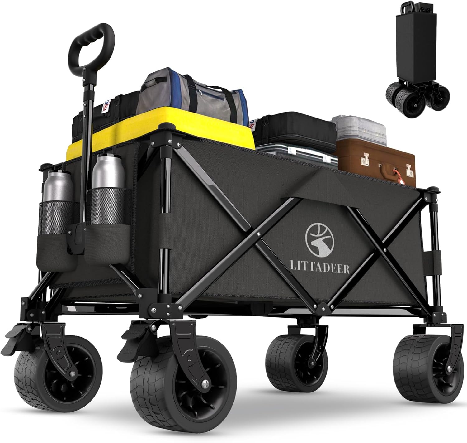 Collapsible Wagon Cart with Silent All-Terrain Wheels, Foldable Heavy Duty Beach Wagon with 330LB,Folding Cart with Cup Holders and Brakes for Camping, Garden,Shopping,Sports Black