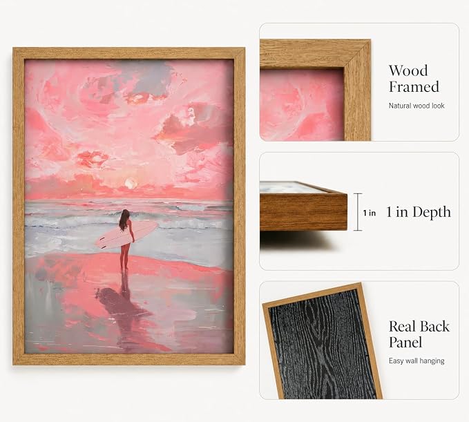 Framed Pink Surfer Girl Canvas Wall Art, Sunset Pink Seascape - Image 4