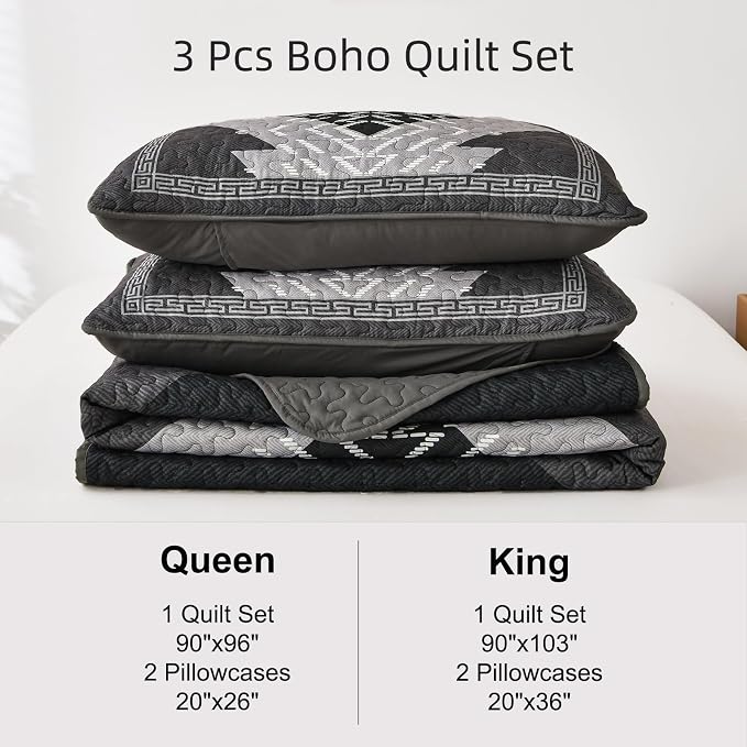 Dintszyayue Boho Queen Quilt Set 3 Pieces Black Grey Aztec Texture Bedspread - Image 7