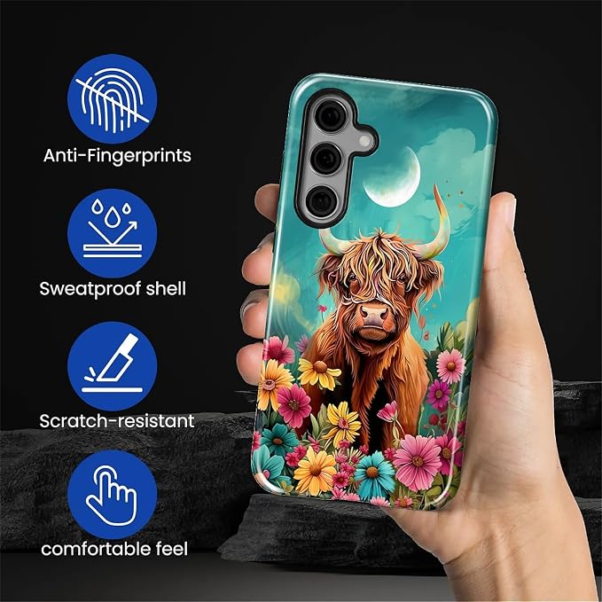 for Samsung Galaxy S25 FE Case, Highland Cow Flower Pattern Glossy 2 in 1 - Image 5