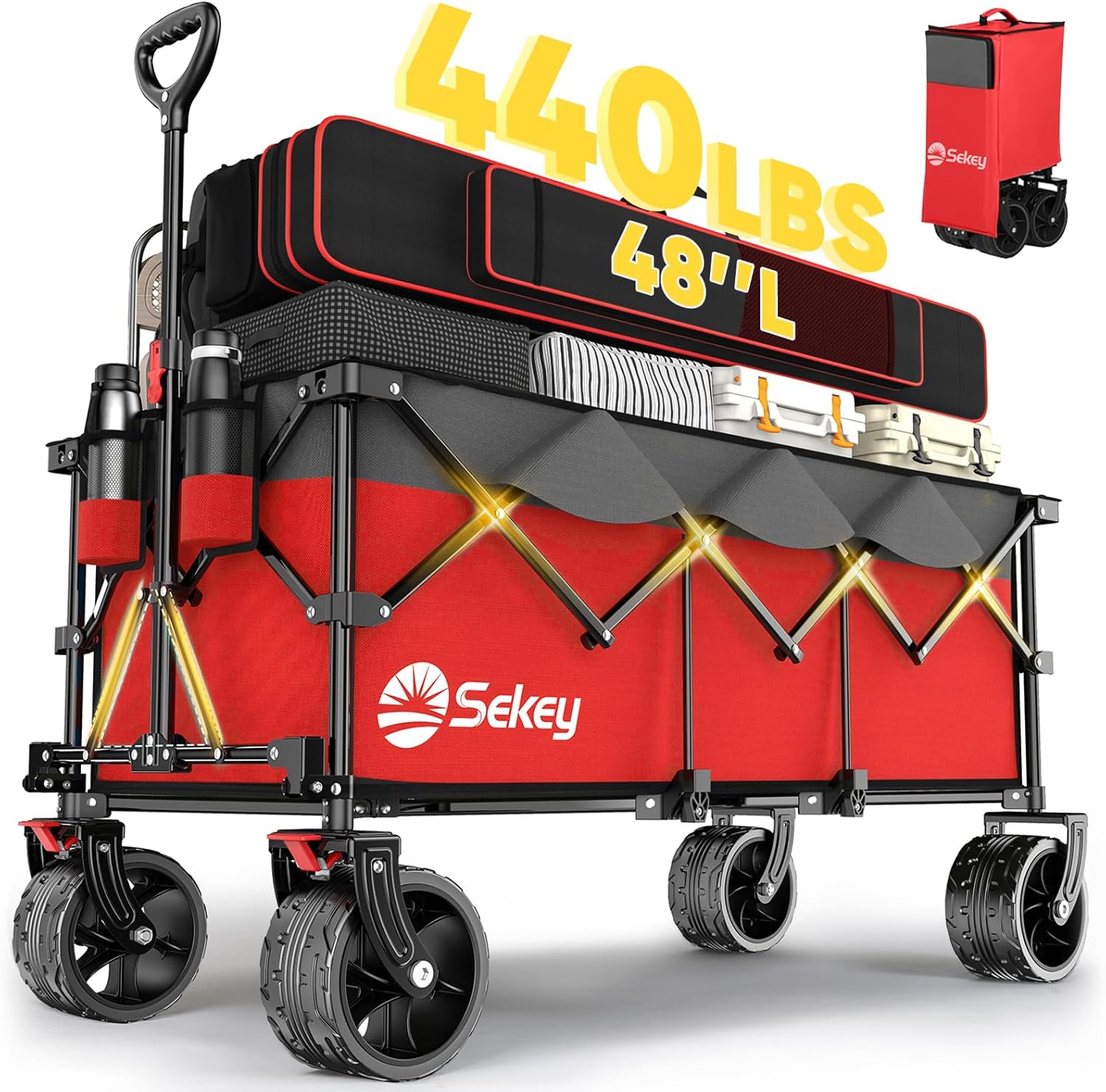 Sekey 48''L Collapsible Foldable Extended Wagon with 440lbs Weight Capacity, Heavy Duty 300L Folding Utility Garden Cart with Big All-Terrain Beach Wheels & Drink Holders. Red&Grey