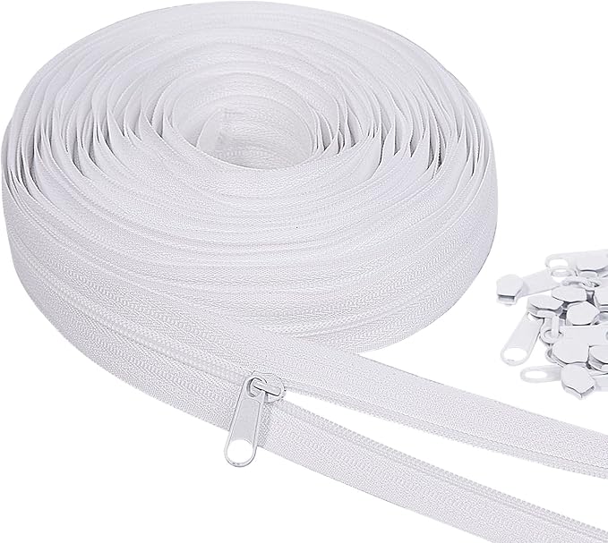 MiniRed 10Yards White Nylon Coil Zipper by the Yards, #3 Bulk Zippers by MiniRed