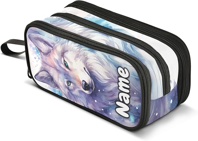 Custom Wolf Watercolor Pencil Case Box Boys Girls Personalized Name Large by BOENLE-WELCOMEYOURCOMING