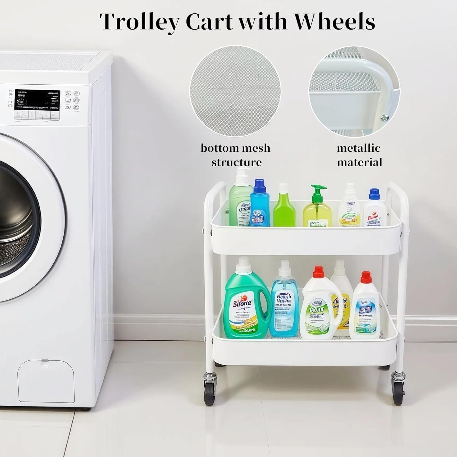 2 Tier Metal Rolling Cart with Wheels for Under Desk Storage & Pantry Storage, High Load-Bearing Kitchen Utility Cart for Small Space, Laundry Room Organization Side Table with 4 Hooks, White