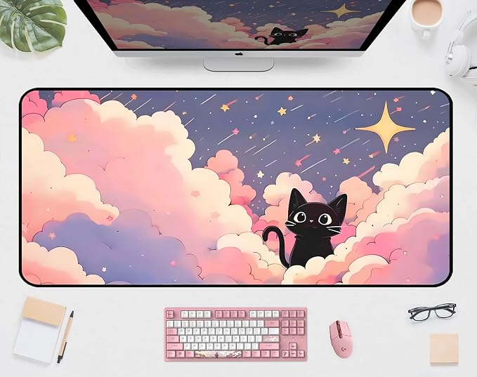 Anime Desk Mat, Cute Black Cat Game Mousepad, Full Deskmat, Extended Computer by Unknown