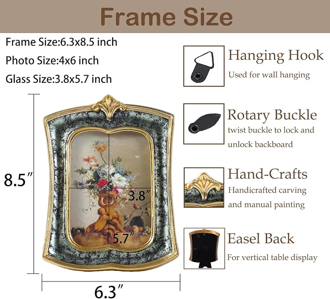 Vintage Picture Frame 4x6 Antique Ornate Photo Frame Tabletop and Wall Hanging - Image 4