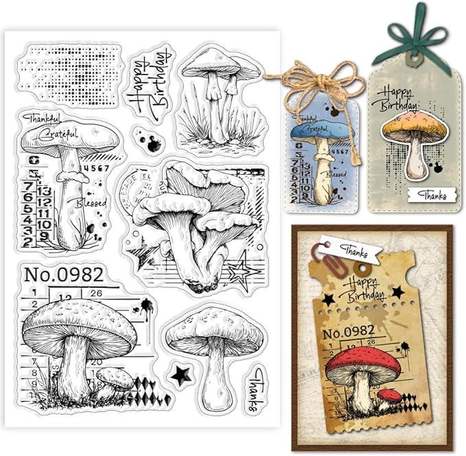 GLOBLELAND Vintage Mushrooms Clear Stamps Retro Texture Silicone Clear Stamp by GLOBLELAND