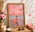 Framed Pink Surfer Girl Canvas Wall Art, Abstract Pastel Beach Ocean Painting - Image 2