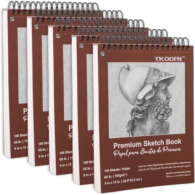 TKOOFN 5 Pack 9" x 12" Sketch Book Bulk, Top Spiral Bound Premium Sketchbook by TKOOFN
