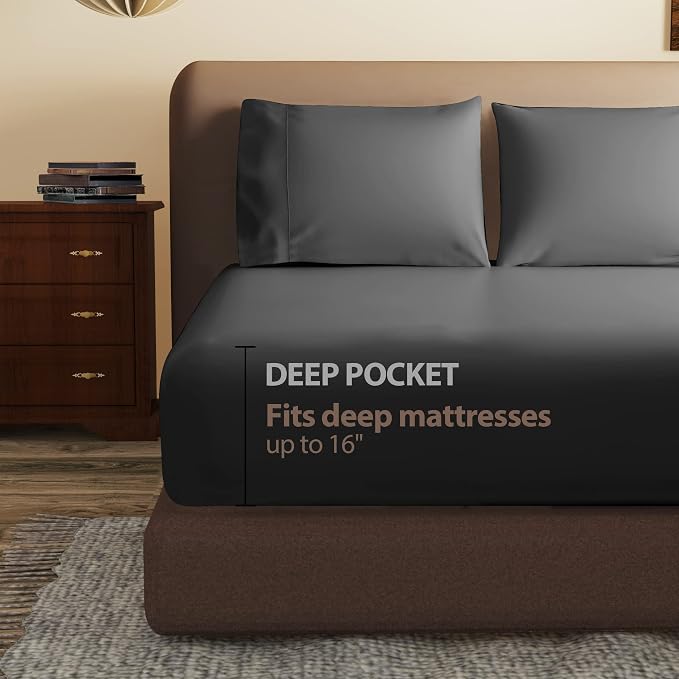 100% Egyptian Cotton Fitted Sheet Twin Size Black, 600 Thread Count, 8-16" Deep - Image 3