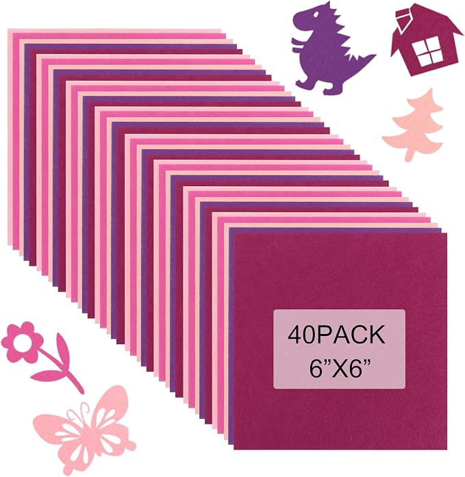40 Pcs Stiff Felt Fabric Sheet for Crafts, 1mm Thick and 6”x6”Pink Series Felt by Tiparts