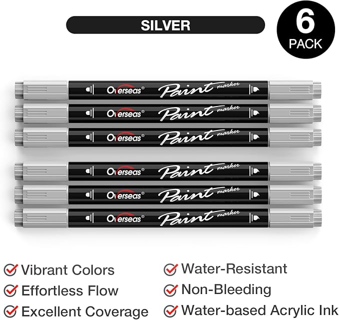 Overseas 6 Silver Acrylic Paint Markers, Dual Tip Paint Pens Acrylic Marker | - Image 2