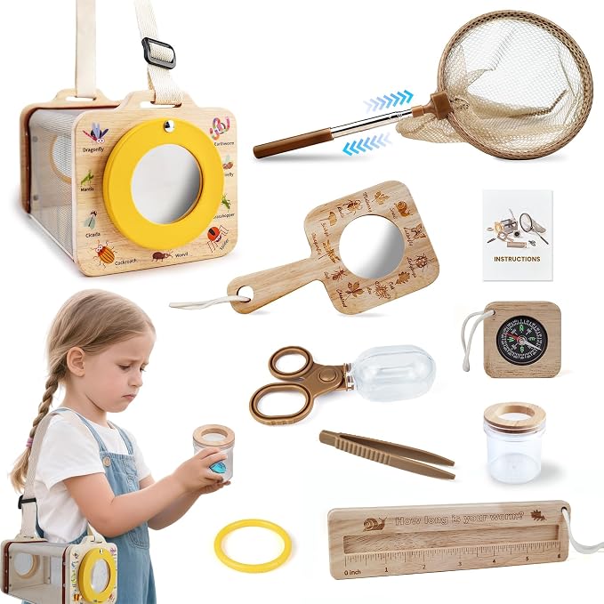 Wooden Insect Observation Kit for Kids, Insect Habitat Cage, Butterfly Net by OKKIC