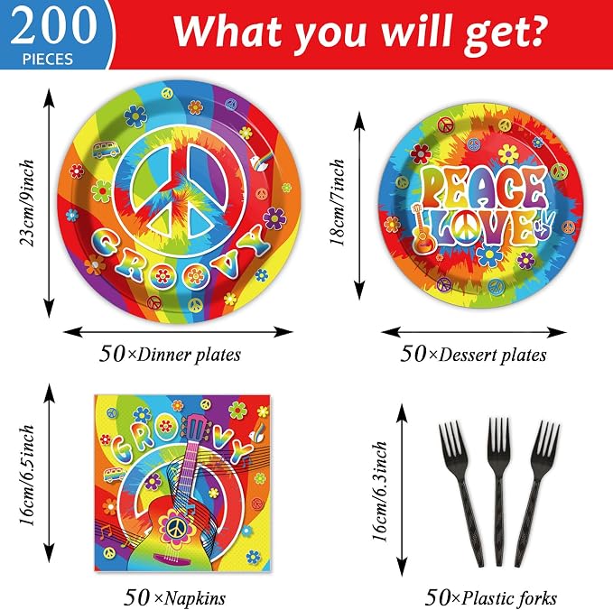 200pcs 60's Hippie Party Plates Napkins Groovy Paper Tableware Set Tie Dye Cake - Image 2