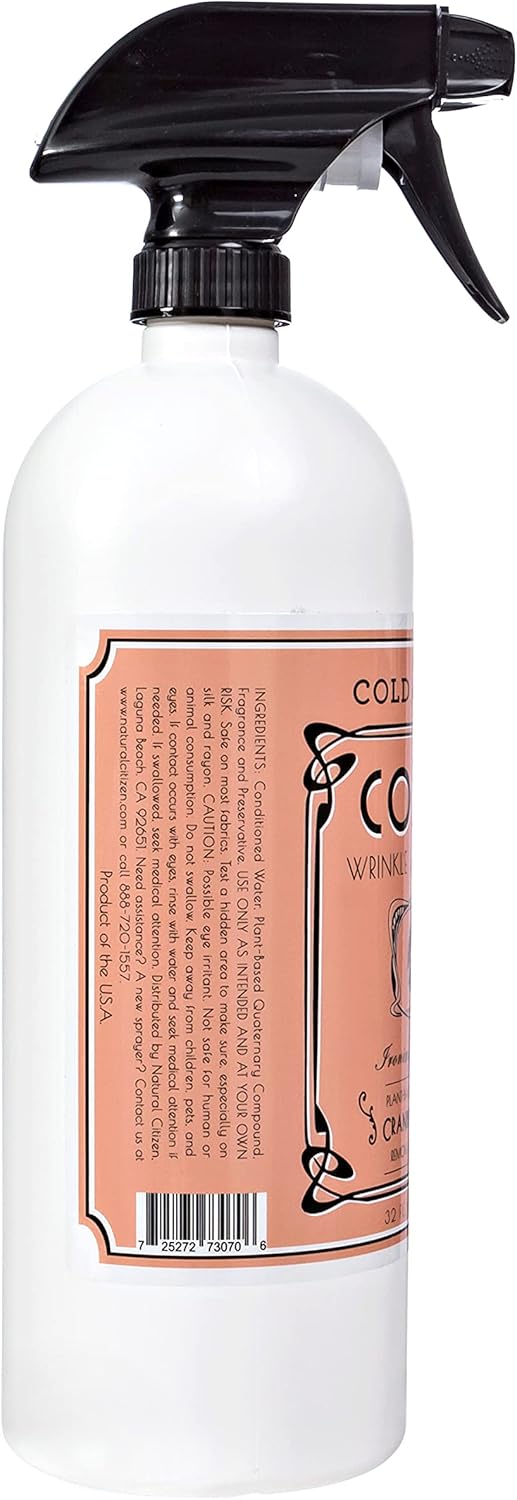 Cold Iron Wrinkle Release Spray 32 fl oz. Cranberry-Citrus. Plant Based Ironing Alternative. Fast, Easy to Use. Spray, Smooth, Hang. Award Winning Formula to Save You Time