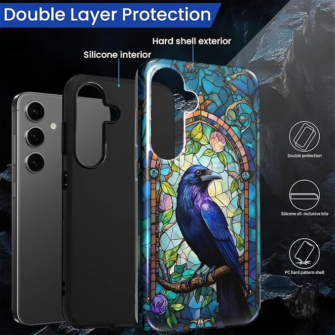 for Samsung Galaxy S24 Case, Crow Faux Stained Glass Pattern Glossy 2 in 1 - Image 3