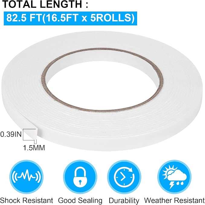 Double Sided Foam Tape 0.39In x 16.5FT 5 Pack, Mounting Tape Heavy Duty - Image 2