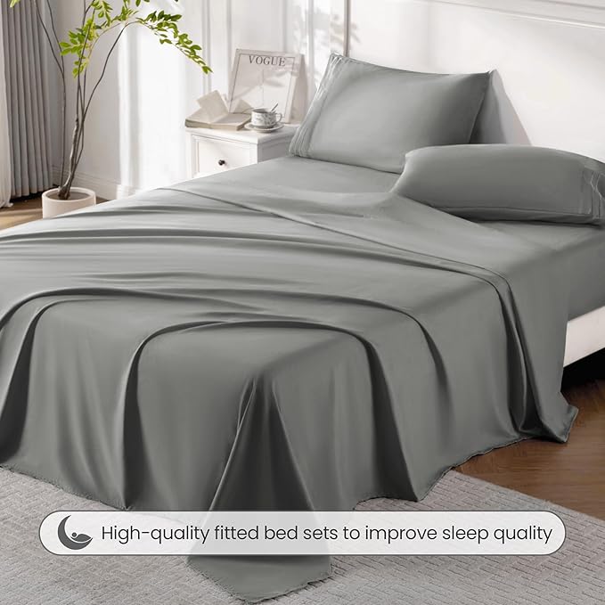 ROSE&RISY Light Grey King Sheet Set, 4 Pieces Soft Bedding Queen Sheet Set - Image 5