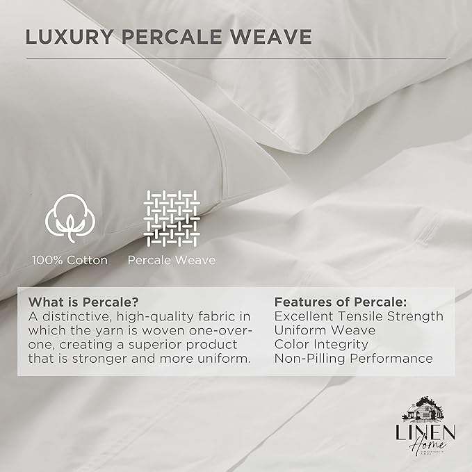 Linen Home 100% Cotton Percale Weave Fitted Sheet, Full Size, 1 Deep Pocket - Image 2