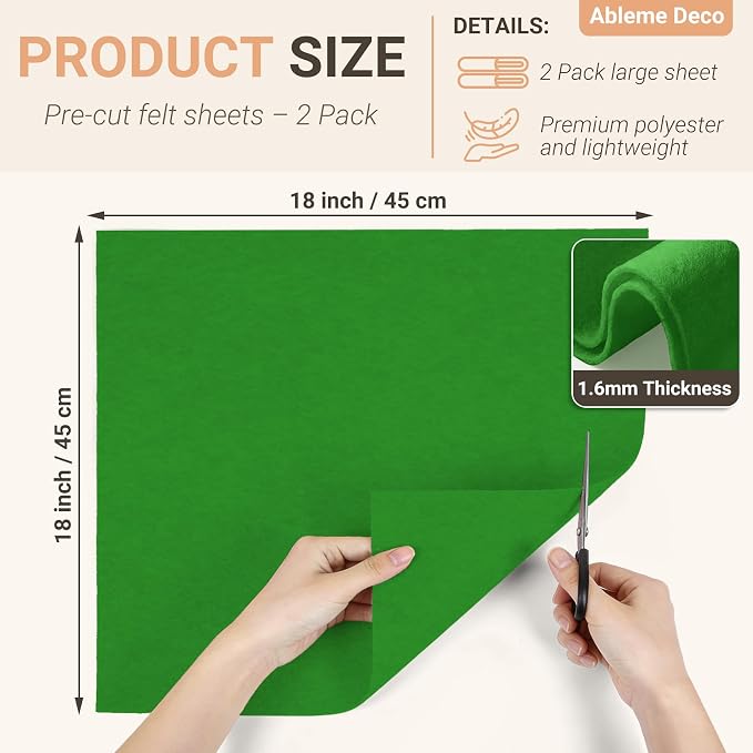 Emerald Green Felt Fabric Sheets 18" x 18" 1.6mm Soft Craft Felt | Soft Precut - Image 2