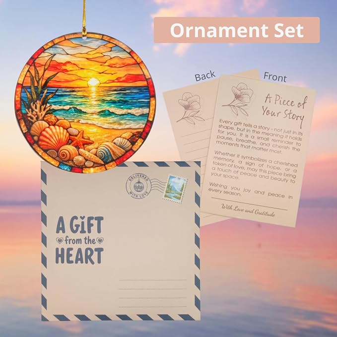 Beach Gifts for Women Acrylic Faux Stained Glass Ornament, Ocean Sunset Coastal - Image 2