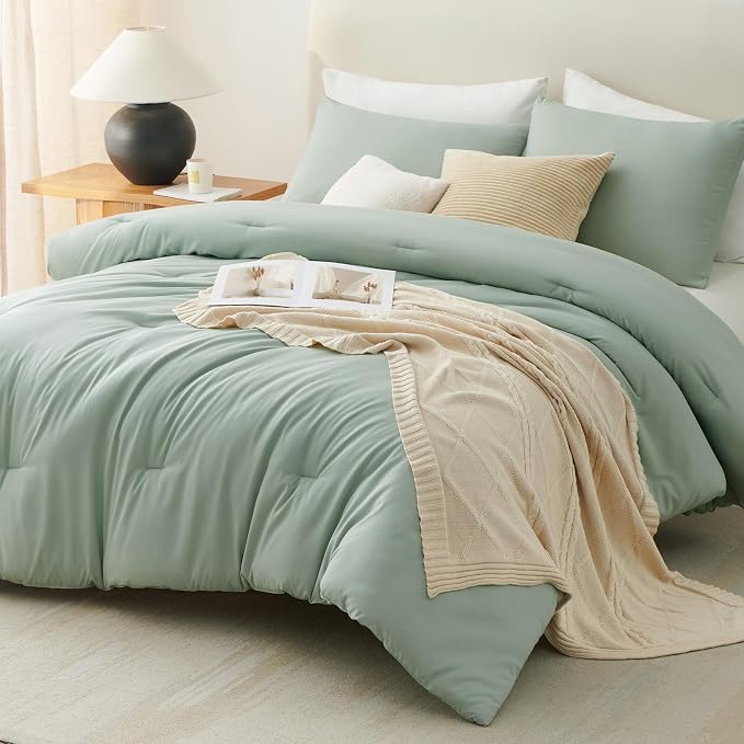 CozyLux Sage Green Queen Comforter Set, 3 Pieces Solid Breathable Quilted - Image 7