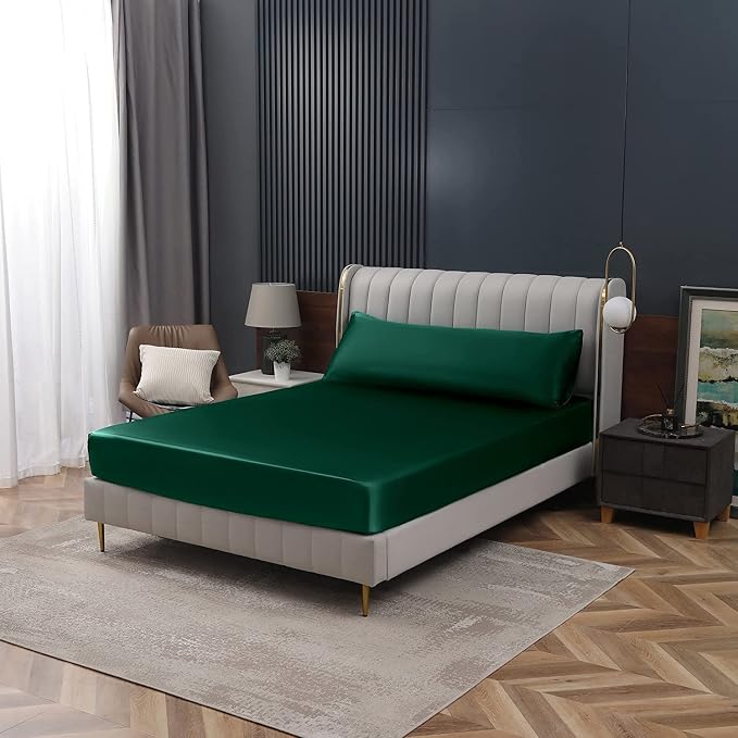 Homiest Blackish Green Satin Fitted Twin XL Size Bed Sheet, Deep Pocket - Image 7