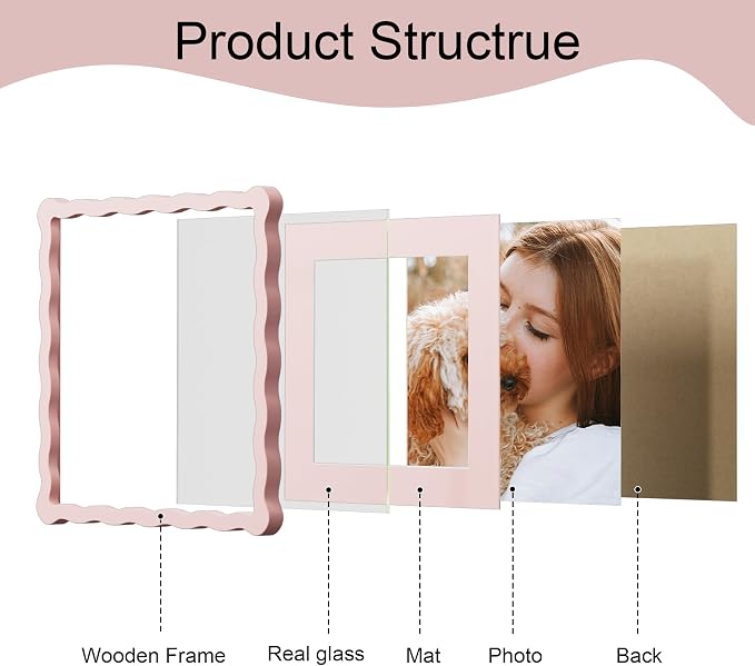 10x10 Picture Frame with Mat for 8x8, Wavy Edge Wooden Real Glass Photo Frame - Image 5