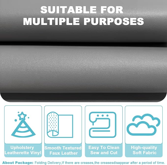 Grey Faux Leather Fabric 79"×55" Smooth Grain Upholstery Vinyl - Image 3