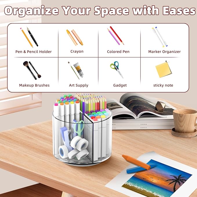 Absonic Pencil Holder for Kids, 360 Rotating Pen Holder for Desk Organizer and - Image 2